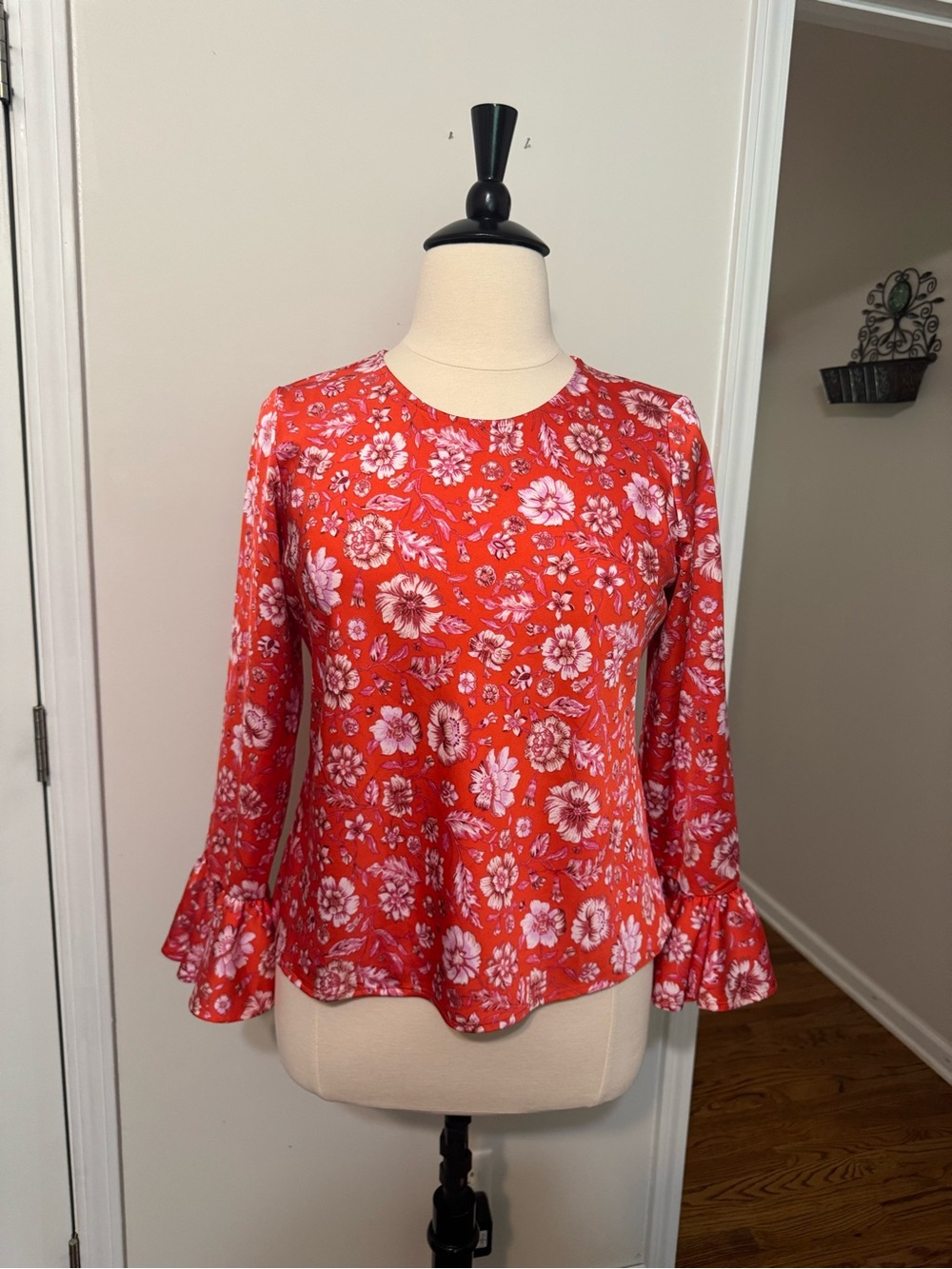 J. Crew Red Floral Ruffle-Cuff Blouse